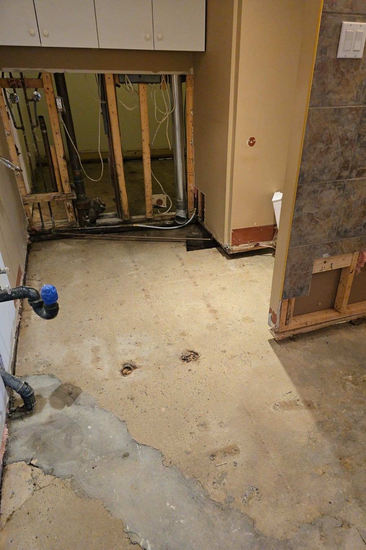 Pièce intérieure dégarnie avec murs ouverts et conduits apparents dans un immeuble en cours de travaux  à L`Île-Bizard